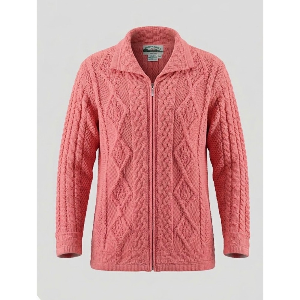 Aran Crafts Cardigan Womens XXL Coral Merino Wool Zip Irish Cable Knit Fisherman